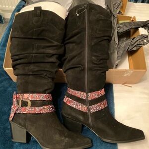 Joe Browns Black Heeled Boots with Floral Accents